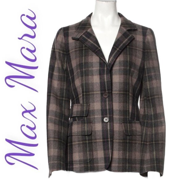MAX MARA Brown & Lavender Purple Plaid Wool Blazer, Size 6 - Picture 1 of 7